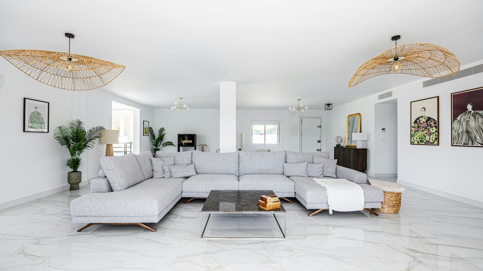 A calm, light filled Scandinavian interior in white and oak