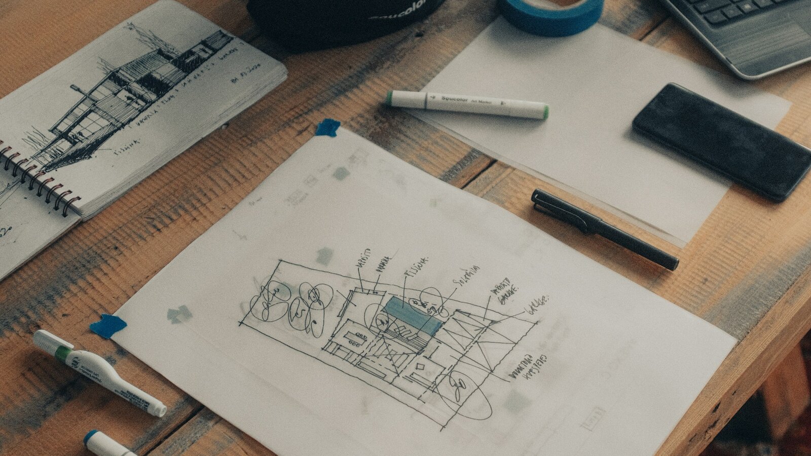 The Atelier Forma studio, models and drawings on a long table